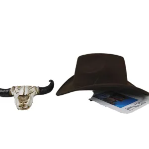 Classic brown felt western cowboy hat displayed with decorative props on white.