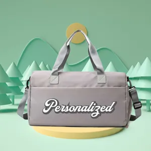 Detail view of a grey personalized sports gym bag on a 3D forest background platform.