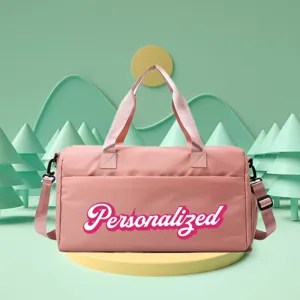 Detailed view of the large pink sports gym bag featuring personalized customization