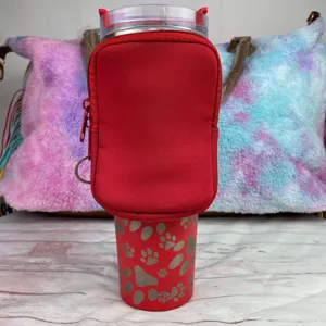 Red neoprene water bottle pouch for 40oz tumblers with zipper pocket and D-ring attachment