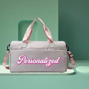 Customizable large capacity sports gym bag with pink handles in a green studio set