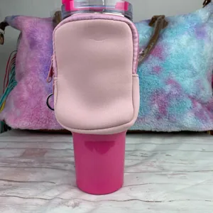 Pink neoprene water bottle pouch for 40oz tumbler with zipper pocket for phone and cash