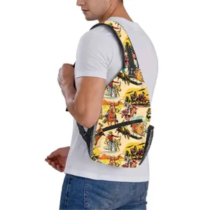 Western cowboy comic print sling bag worn by a male model against a white background.