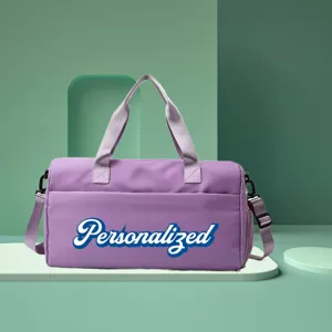 Detail shot of a purple large capacity gym bag for travel and fitness training