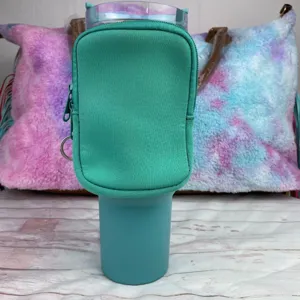 Teal neoprene pouch for 40oz tumbler with zipper closure for phone and keys