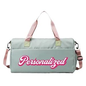 Large capacity sage green sports fitness duffel bag with pink straps and shoe compartment