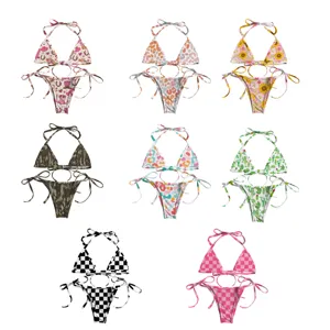 Multiple styles of printed two-piece bikinis including floral, camo and checkerboard