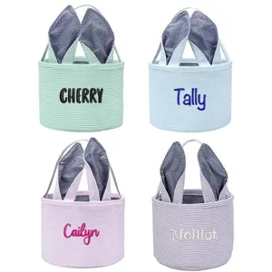 Easter Canvas Tote Bag Personalized Embroidery Rabbit Ear Basket Striped Storage Bucket Holiday Gift Party Supplies
