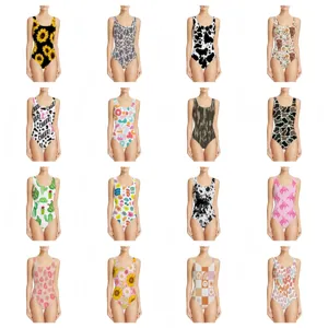 Sixteen stylish patterns of customized women's one-piece swimsuits on white background