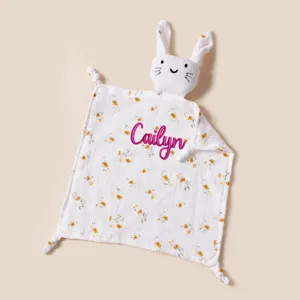 Soft white bunny security blanket with floral print and pink embroidered name