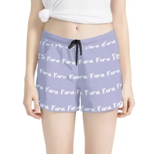 Customized purple casual shorts with repeated white 'Kora' name print for summer