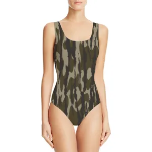 Detailed view of the stylish women's one-piece camouflage swimsuit featuring a round neckline.