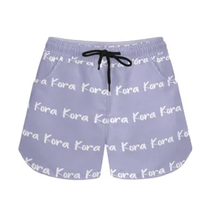 Custom lavender sports shorts with white 'Kora' name print and black drawstring detail