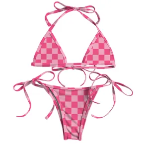 Front view of a pink checkered two-piece bikini set with tie-side triangle bottoms