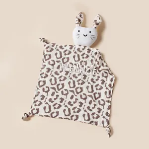 Soft leopard print baby security blanket featuring plush rabbit head and custom embroidery details