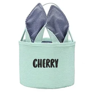 Personalized mint green striped Easter basket with gingham bunny ears and custom name
