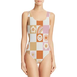 Detailed front view of a women's one-piece swimsuit featuring a retro checkered pattern