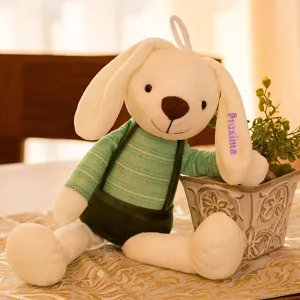 Detailed macro shot of a cute plush rabbit toy with custom name 'Proxima' embroidery on its ear