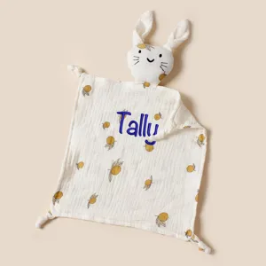 Custom embroidered bunny muslin baby comforter with 'Tally' name and cute lemon print