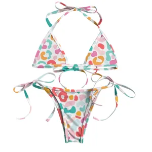 Vibrant colorful abstract leopard print bikini set featuring a triangle top and tie-side bottoms