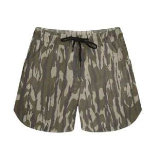 Front view detail of casual sports shorts with unique vertical camouflage tree bark pattern