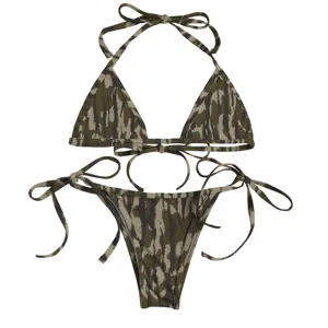 Detailed view of the camouflage print two-piece bikini swimsuit with adjustable ties