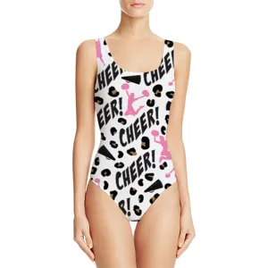 Detailed front view of a women's one-piece swimsuit featuring cheer and leopard print design