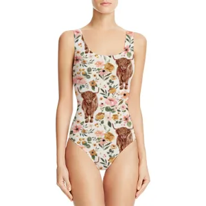 One-piece women's swimsuit featuring a cute Highland cow and floral botanical print.