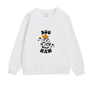 Close-up detail of 'BOO HAW' cowboy ghost graphic print on a white kids sweatshirt