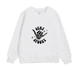White long-sleeved sweatshirt for kids with Stay Spooky Halloween skeleton hand print