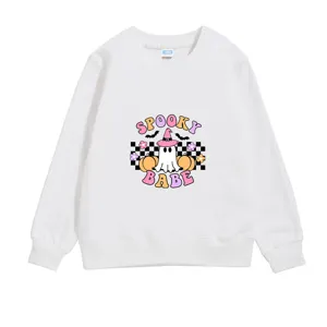Detail view of children's white Halloween sweatshirt with spooky babe ghost print