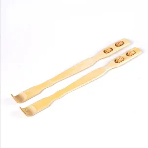 Detailed view of bamboo back scratcher with dual roller massage wheels for daily use.