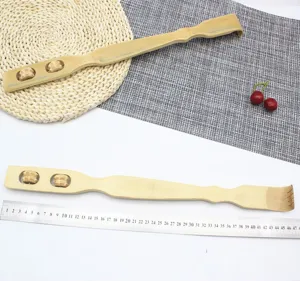 Wooden back scratcher with dual roller massage balls, eco-friendly bamboo body detail.
