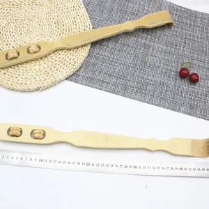 Natural bamboo back scratcher with massage rollers and long handle for daily body care.