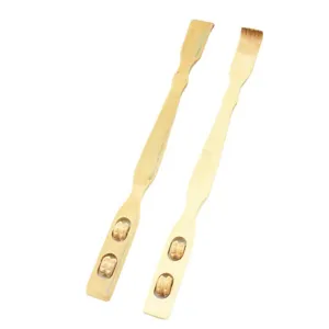 Natural bamboo back scratcher with double roller massage head, daily comfort tool for home use.
