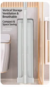 Detailansicht eines modernen Flachmopps mit vertikalem Aufbewahrungsdesign fuer die Reinigung.