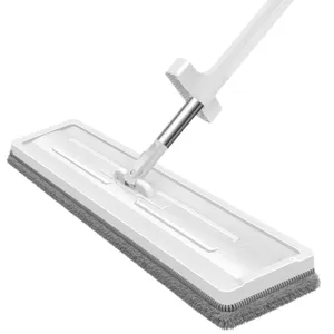 White hand-free flat mop with microfiber cloth for household floor cleaning and dry wet use.