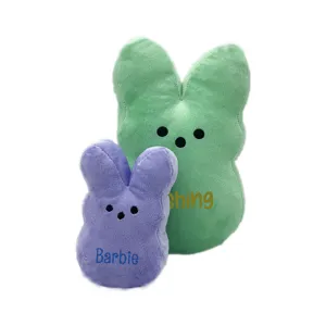 Close-up detail of custom Easter bunny plush dolls with personalized text and soft fabric texture