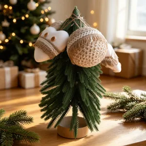 Mini árbol de Navidad decorativo con bolas de yute y colgantes de tela para fiestas.