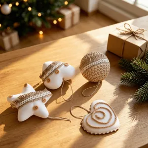 Set de adornos navideños rústicos de cuerda de yute, encaje y botones de madera natural.