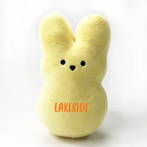 Detailed view of custom yellow Easter bunny plush toy with name embroidery
