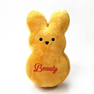 Detailed view of customized plush Easter bunny toy with Beauty name embroidery
