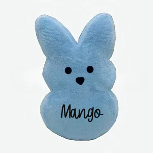 Detail showing custom name Mango on an adorable soft light blue Easter bunny plush toy
