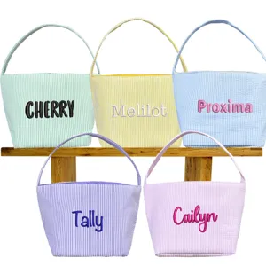 Easter Seersucker Storage Bucket Embroidered Name Basket Striped Tote Gift Bag For Holiday Home Decor