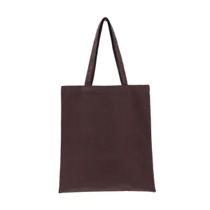 Front view of a minimalist dark brown canvas tote bag featuring long shoulder straps