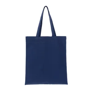 Detailed front view of a plain navy blue canvas shoulder tote bag with dual straps
