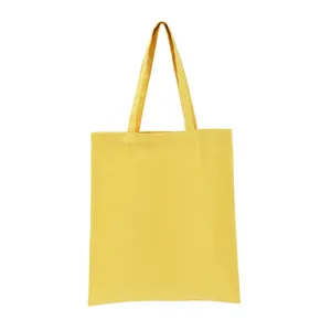 Close-up of plain yellow canvas tote bag showing material texture and stitching details.