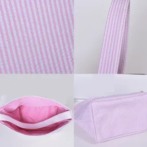 Detailed macro views of pink striped seersucker Easter basket material and interior