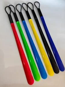 Long handled plastic shoehorn with hanging loop, colorful set for easy daily use and elderly.