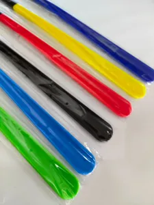 Colorful plastic shoe horn detail, long handle helper for easy daily footwear use now.